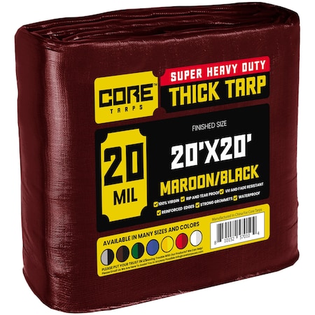 Core Tarps Heavy Duty Tarp, 20 ft x 20 ft, 20 Mil, Maroon, Polyethylene CT-707-20X20